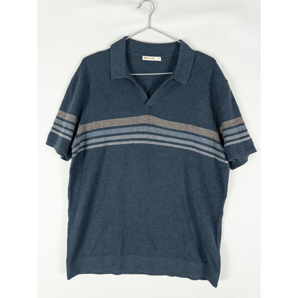 Marine Layer Striped Knit Polo Shirt Mens M Navy Blue Merino Wool Coastal Relaxe